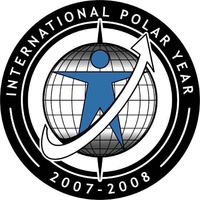 Logo des Internationalen Polarjahres 2007-2008 mit einer Figur vor einer Weltkugel