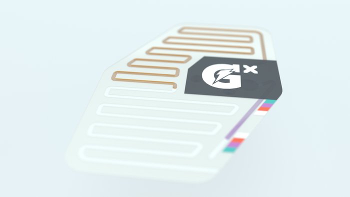Aufbau des Schweißsensors Grafik, auf dem der Prototyp des Sensors abgebildet ist: Zwei Mikrokanäle schlängeln sich über das sechseckige Pflaster; einer der Kanäle ist goldfarben