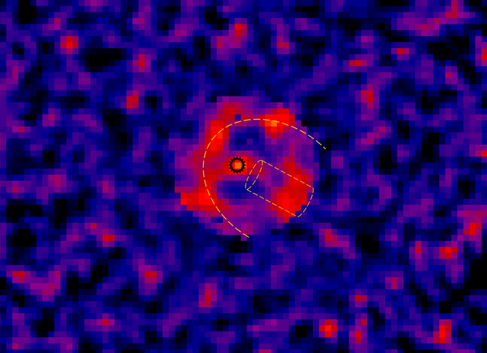 Geminga-Pulsar Im Zentrum eine markierte Punktquelle, umgeben von einer leichten Aufhellung, links davon eine bogenförmige Struktur, rechts davon eine kompaktere Struktur.