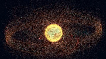 Grafik der Erde im All, die als goldene Kugel dargestellt ist, umgeben von einer Vielzahl kleiner gelber Punkte, ähnlich einem Insektenschwarm