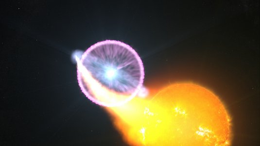 Links ein kleiner weißer Stern, umgeben von einem Ring, rechts ein großer Stern, von dem Materie zu dem weißen Stern strömt.