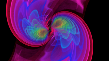 Simulation von zwei verschmelzenden Schwarzen Löchern in 1,3 Milliarden Lichtjahren Entfernung, die Gravitationswellen mit einer Energie von drei Sonnenmassen abstrahlen. Das Bild zeigt das erste Signal von Gravitationswellen, das Forscher messen konnten