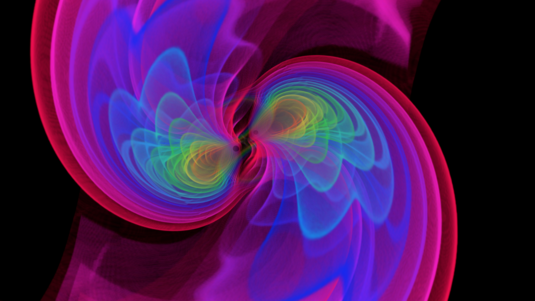 Simulation von zwei verschmelzenden Schwarzen Löchern in 1,3 Milliarden Lichtjahren Entfernung, die Gravitationswellen mit einer Energie von drei Sonnenmassen abstrahlen. Das Bild zeigt das erste Signal von Gravitationswellen, das Forscher messen konnten