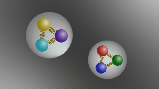 Auf der Grafik sind zwei Kreise vor dunklem Hintergrund abgebildet. In den beiden Kreisen sind drei kleinere Kreise zu erkennen, verbunden durch Zickzacklinien.
