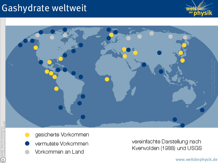 Globale Verteilung der Gashydratvorkommen Weltkarte mit Punkten, die große Lagerstätten kennzeichnen