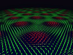 Grüne und rote Pfeile zeigen in unterschiedliche Richtungen und visualisieren so die magnetischen Wirbel, die Skyrmionen.