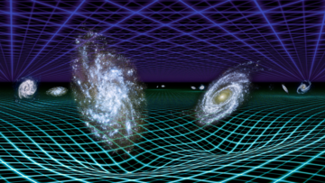 Künstlerische Darstellung von Galaxien, die im Gewebe der Raumzeit eingebettet sind – die Dunkle Energie ist ebenfalls in Form von Gitterlinien dargestellt.