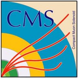 Der Schriftzug CMS vor schalenförmig angeordneten Ringsegmenten, durch die vier rote Teilchenspuren verlaufen.