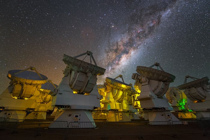 Die ALMA-Teleskope Parabolantennen unter sternreichem Nachthimmel
