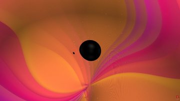 Violett-orangefarbener Strudel, in dessen Mitte sich ein großer und ein kleiner schwarzer Kreis befinden