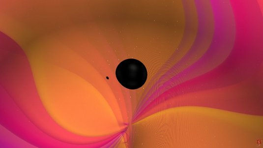 Violett-orangefarbener Strudel, in dessen Mitte sich ein großer und ein kleiner schwarzer Kreis befinden