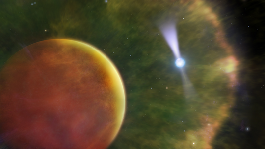 Der Pulsar PSR B1957+20 leuchtet in dieser künstlerischen Darstellung durch den Gasschweif seines Begleitsterns. 