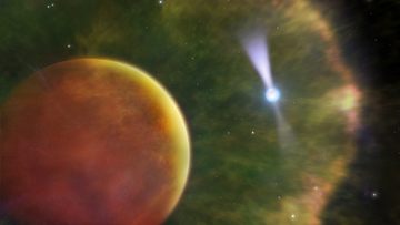 Der Pulsar PSR B1957+20 leuchtet in dieser künstlerischen Darstellung durch den Gasschweif seines Begleitsterns. 