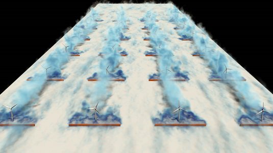 Grafik: Mehrere Windräder hintereinander, davor jeweils ein balkenartiger Windbrecher; blaue Wolken zeigen den Windfluss