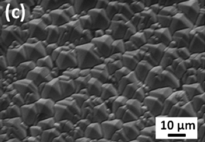 Solarzelle im Detail Mikroskopaufnahme einer dunklen Ebene, aus Holzkohle-ähnliche Objekte ragen.