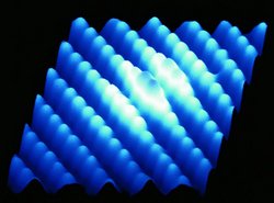 Wie blaue Noppen sind Atome in mehrere Reihen angeordnet. Weiße schimmernde Erhöhung in der Mitte.