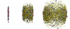 Drei Grafiken zeigen wie ein schmaler Streifen aus verschieden farbigen Punkten, die Quarks und Gluonen markieren, auseinander fliegt.