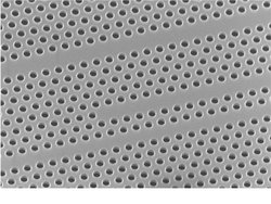 In einem elektronenmikroskopischen Bild sind regelmäßig angeordnete kreisrunde Löcher in einer Trägerplatte erkennbar.