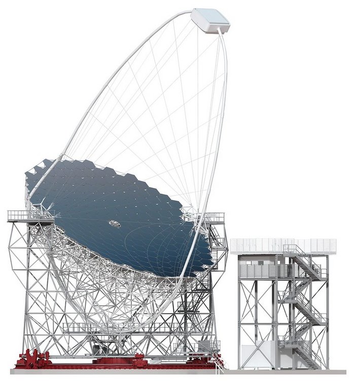 Großteleskop LST-1 Grafik des LST-1: ein metallener Aufbau mit einer großen Parabolschüssel darauf
