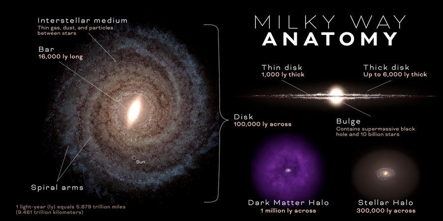 Infografik zur Struktur der Milchstraße: Dargestellt ist eine schematische Ansicht unserer Galaxie mit ihren wichtigsten Bestandteilen. In der Mitte befindet sich der zentrale Bulge (Verdickung) mit hoher Sternendichte. Darum liegt die flache, spiralförmige galaktische Scheibe mit Sternen und Gas. Diese wird von einem ausgedehnten stellaren Halo umgeben, der alte Sterne und Kugelsternhaufen enthält. Noch weiter außen erstreckt sich ein großer, unsichtbarer Halo aus Dunkler Materie, der die gesamte Galaxie umgibt. Größenverhältnisse zeigen, dass der Dunkle-Materie-Halo deutlich größer ist als die sichtbare Scheibe der Milchstraße.