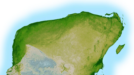 Reliefkarte der Halbinsel Yucatán; an der Nordwestseite ist ein regelmäßiger Viertelkreis zu sehen.
