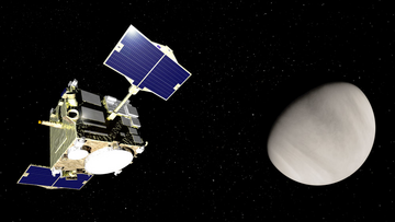 Links im Bild ist die Venussonde Akatsuki zu sehen und rechts der Planet Venus.