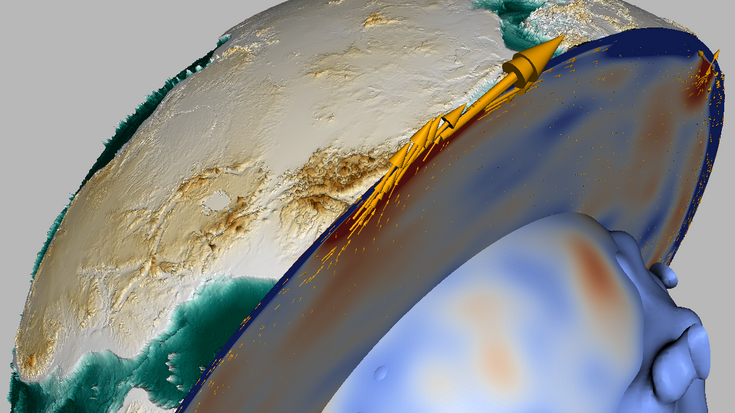 Grafik; aufgeschnittene Erde; Pfeile zeigen tektonische Bewegungen an. 