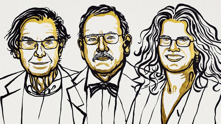 Die Illustration zeigt die drei Forscher, die den Nobelpreis für Physik 2020 erhalten.