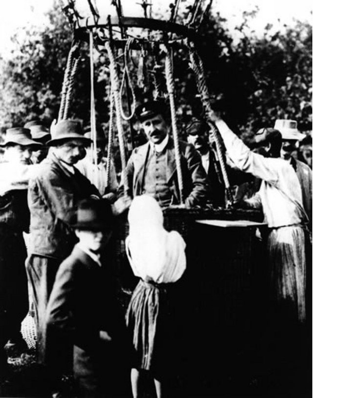 Victor Hess im Ballon Schwarz-weiß-Bild von Victor Hess im Ballon, weitere Menschen stehen um den Ballon herum, im Hintergrund sind Bäume zu sehen.