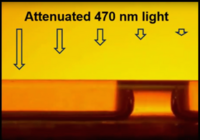 Auf der Aufnahme ist ein Röhrchen zu sehen, in dem sich eine Flüssigkeit befindet. Das Röhrchen wird von oben mit Licht der Wellenlänge 470nm beschienen.