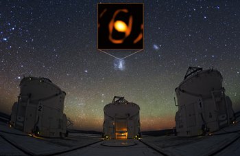 Teleskope vor einem Sternenhimmel, in dem eine Box mit einer Sternnahaufnahme eingebettet ist.