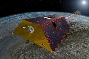 Darstellung zweier GRACE-Satelliten im Orbit über der Erde. Rote Laserstrahlen verbinden die Satelliten.