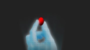 Hologramm in Form einer Hand kommt aus einer Strahlungsquelle und hält ein rundes Objekt zwischen den Fingern.