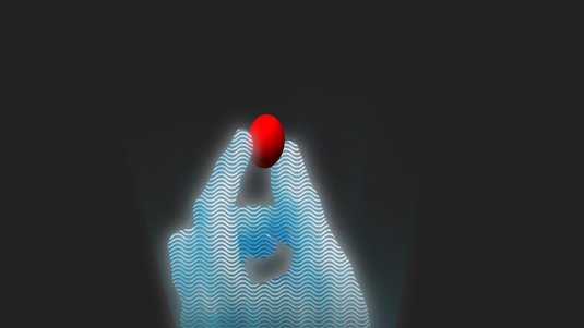Hologramm in Form einer Hand kommt aus einer Strahlungsquelle und hält ein rundes Objekt zwischen den Fingern.