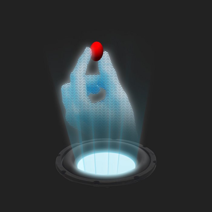 Illustration akustisches Hologramm Hologramm in Form einer Hand kommt aus einer Strahlungsquelle und hält ein rundes Objekt zwischen den Fingern.