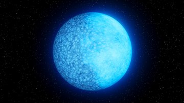 Eine blau leuchtende Kugel auf dunklem Hintergrund. Die eine Seite ist von einem dunklen Muster überzogen.