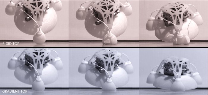 Sprung-Bildserie des Roboter-Froschs Zwei Bildreihen, bei der oberen geht beim Aufprall ein Roboterfuß kaputt, beim unteren nicht.