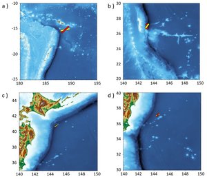 Vier verschiedene Landkarten, auf denen bestimmte Bereiche im Meer besonders markiert sind.