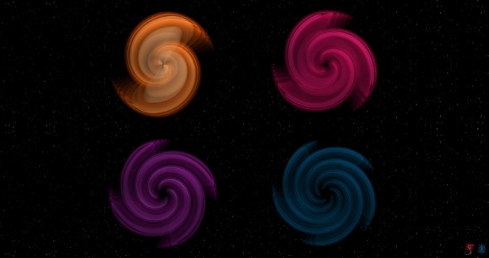 Illustration der Gravitationswellensignale Grafik von vier verschiedenfarbigen Strudeln auf schwarzem Hintergrund