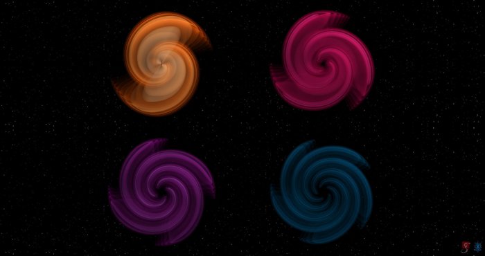 Grafik von vier verschiedenfarbigen Strudeln auf schwarzem Hintergrund