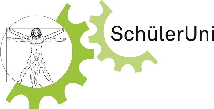 Logo Schüler-Universität der TU Dortmund mit Zahnrädern und Da Vincis anatomischen Zeichnung eines Menschen.