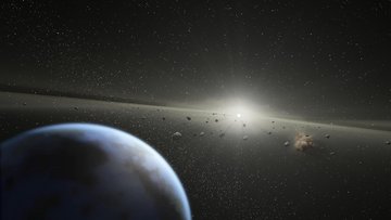 Blauer Planet vor einem Asteroidengürtel um einen Stern im Hintergrund im sonst dunklen All