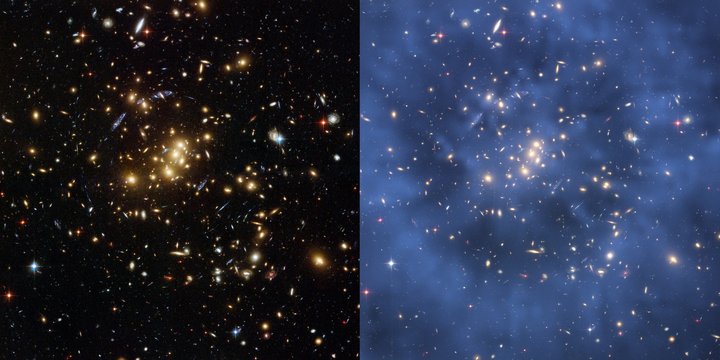 Das Bild ist zweigeteilt, zeigt aber denselben Himmelsausschnitt: Vor dunklem Hintergrund sind viele leuchtende Galaxien zu erkennen, rechts überlagert von einer wolkenartigen Struktur.