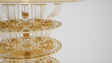 Die Abbildung zeigt eine Nahaufnahme eines Quantencomputers, bestehend aus mehreren vertikal angeordneten, kreisförmigen Ebenen aus goldfarbenem Metall. Diese Ebenen sind durch zahlreiche feine Kabel verbunden.