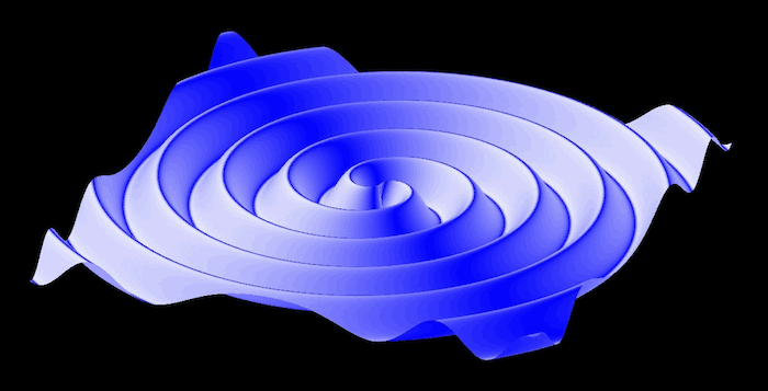 Spiralförmige Wellen die sich von einem Mittelpunkt weg bewegen.