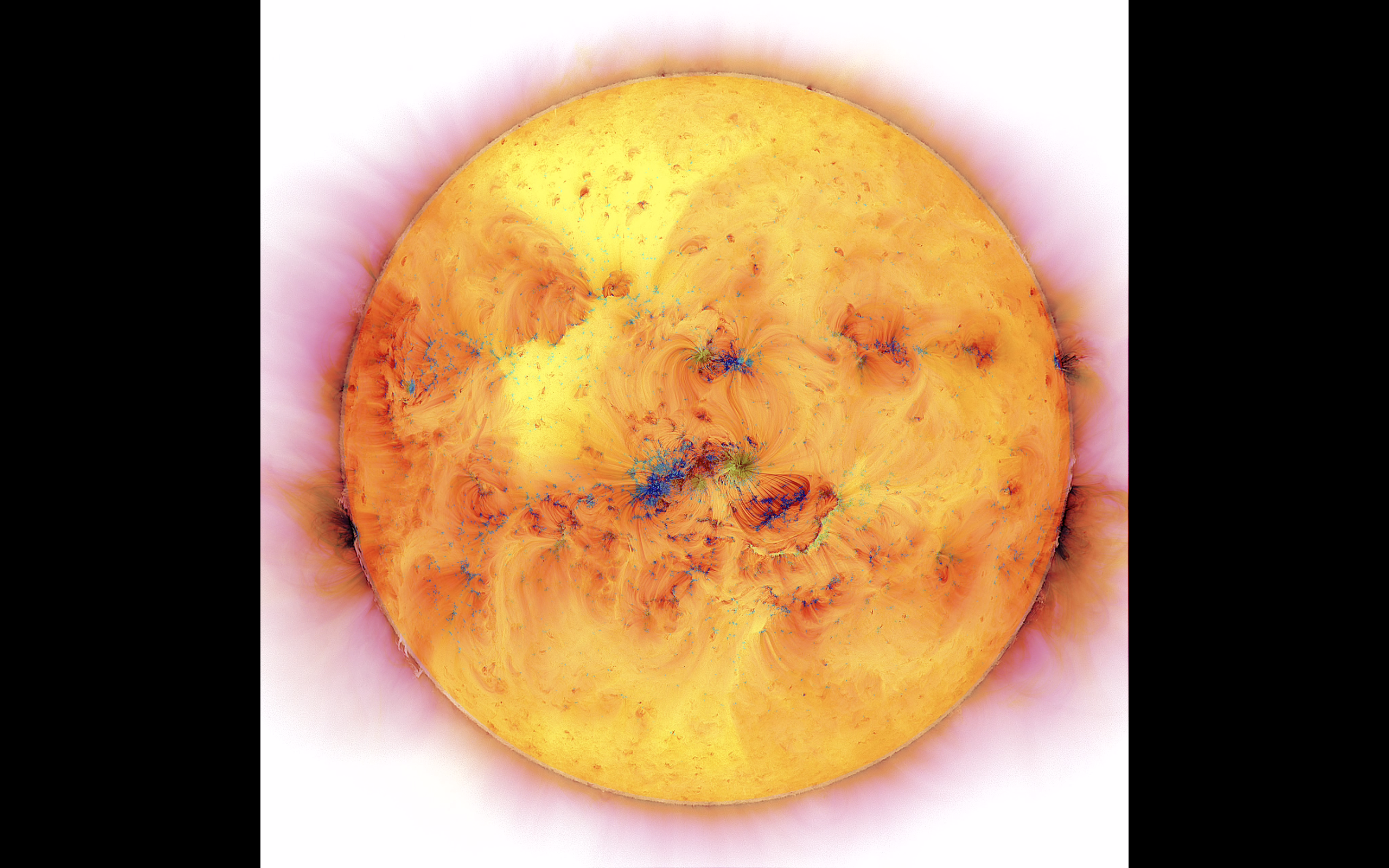 Die Sonne als leuchtender Ball, auf dem andersfarbige Wirbel die dynamischen Zustände auf der Oberfläche zeigen. 