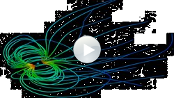 Der Schnappschuss aus der Simulation der Magnetfelder von Neptun zeigt eine kleinen Kugel in der Mitte, von der fadenartige Linien abgehen, teilweise in runden Schleifen wie Felder von einem Magneten.