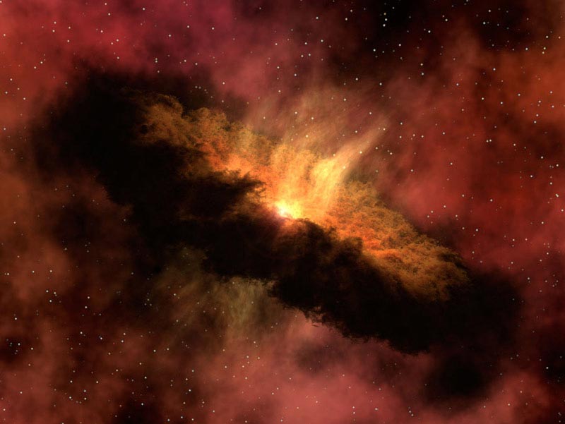 Protoplanetare Staubscheibe, © NASA/JPL/Ames Eine verdickte, unregelmäßige Staubscheibe um einen Stern herum. Die Scheibe verdeckt Hintergrundsterne und leuchtendes Gas.