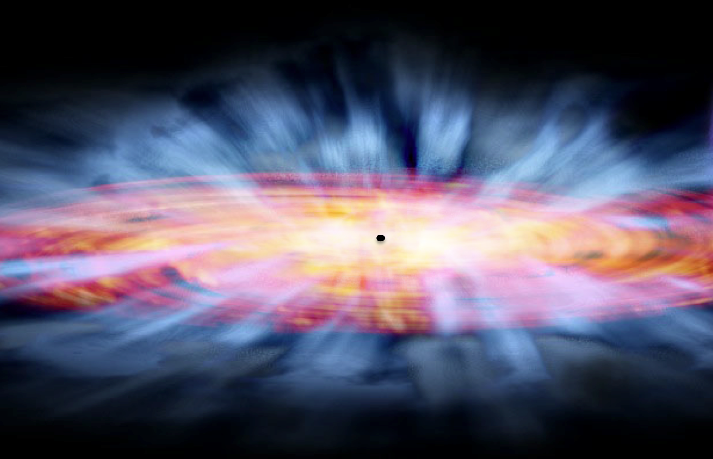 Künstlerische Darstellung eines Quasars und seiner Umgebung – © NASA/CXC/M. Weiss Zu erkennen ist das zentrale Schwarze Loch, das von einer rotierenden Materiescheibe umgeben ist. Dargestellt ist außerdem der starke Wind, der Gas mit hoher Geschwindigkeit herausbläst.