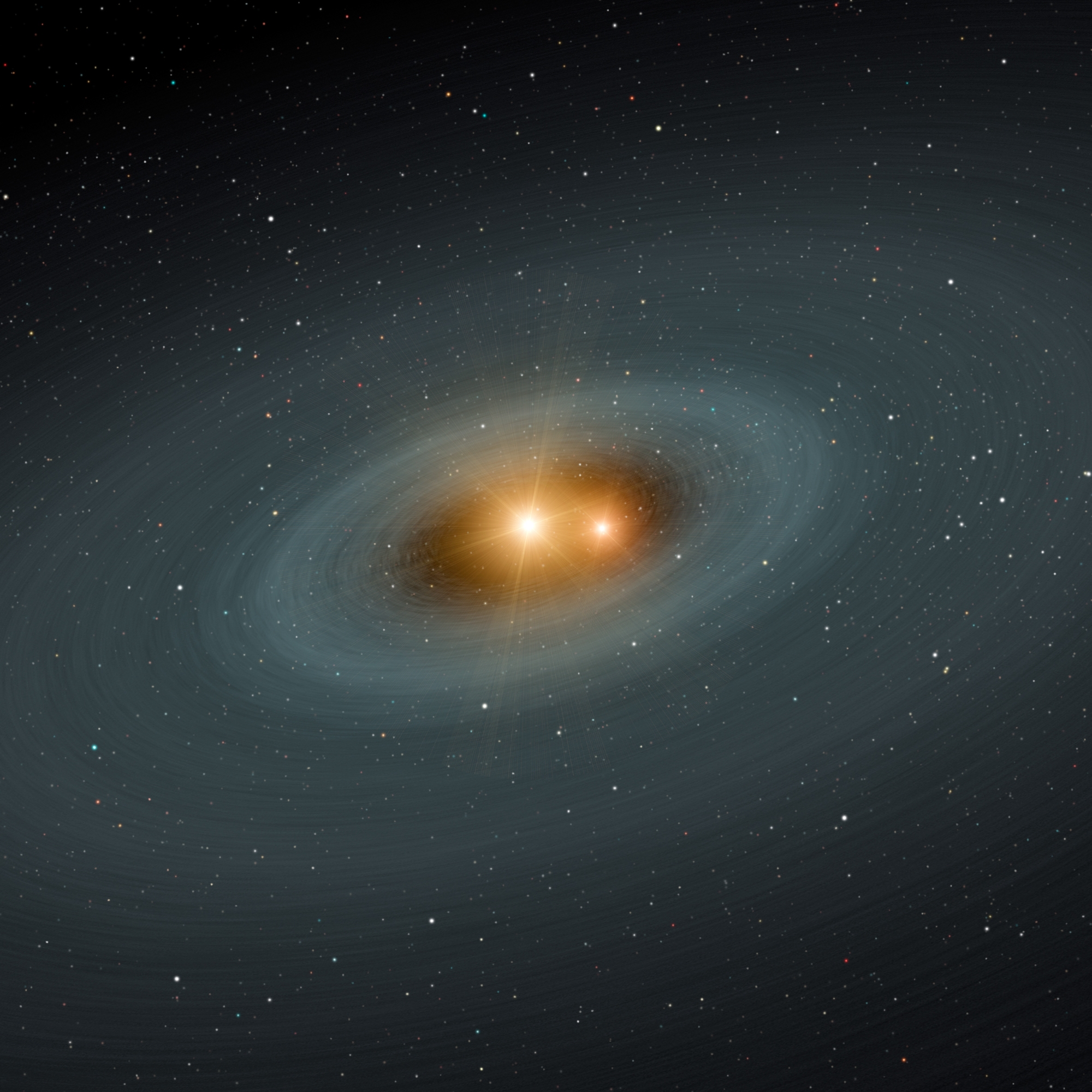 Illustration eines jungen Doppelsterns; Bildquelle: NASA/JPL/Caltech Zwei helle Sterne umkreisen sich dicht, während sie von einem ringförmigen Nebel umgeben sind.